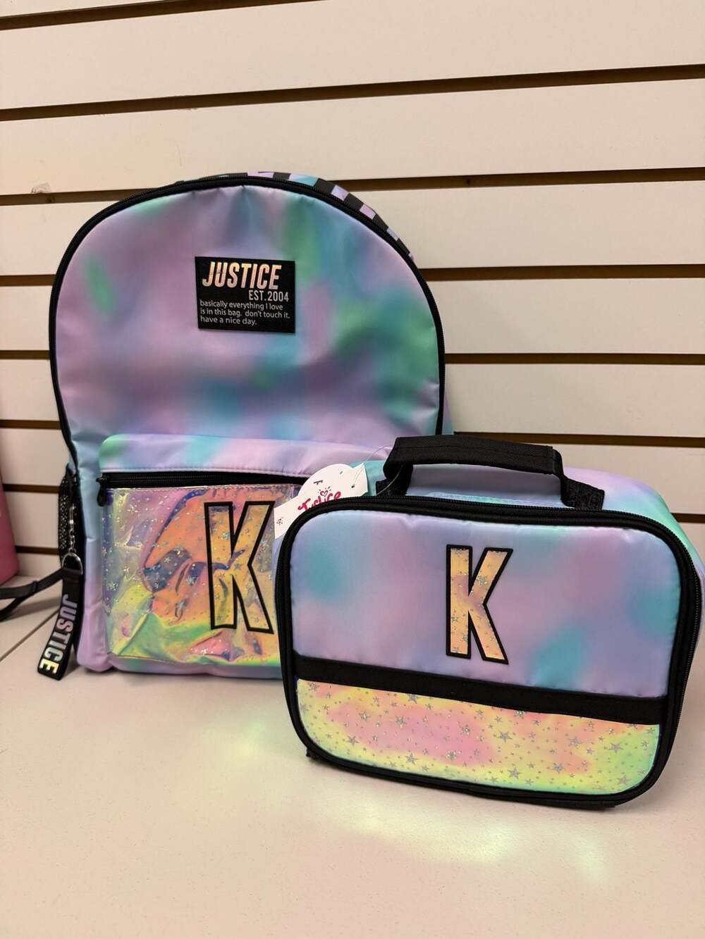 Justice Girls Pastel Tie-Dye Initial K Backpack and Lunch Tote Set NWT